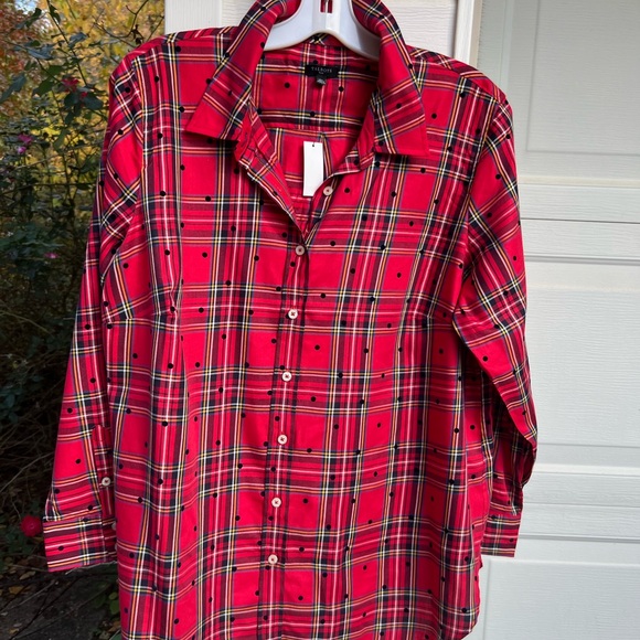 NWT Talbots Pretty Red Multicolored Plaid Black Polka Dot Long Sleeve Blouse - Picture 1 of 6
